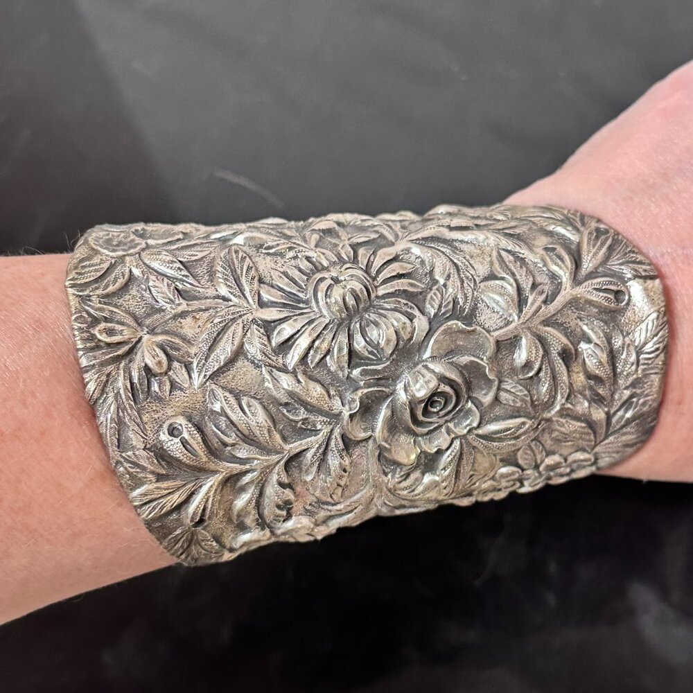 ANTIQUE S. Kirk & Son Floral Sterling Silver Wide Cuff Bracelet Gladiator Armor
